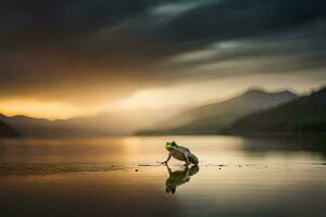 une grenouille est permanent sur le rive de une Lac à le coucher du soleil. généré par ai photo