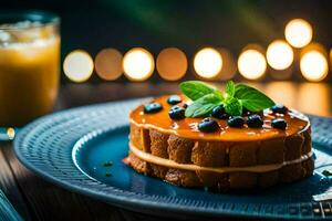 une dessert sur une assiette avec myrtilles et menthe. généré par ai photo