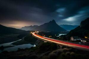 une longue exposition photo de une Autoroute à nuit. généré par ai