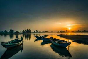 bateaux sur le rivière à lever du soleil. généré par ai photo