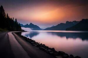 une route de premier plan à une Lac et montagnes à le coucher du soleil. généré par ai photo