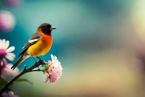 une oiseau est séance sur une branche avec rose fleurs. généré par ai photo