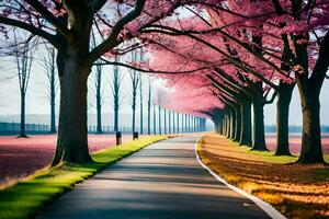 une chemin doublé avec rose des arbres et une route. généré par ai photo