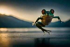 une grenouille sauter dans le air avec ses yeux fermé. généré par ai photo