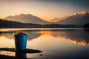 une seau de des noisettes sur le rive de une Lac à le coucher du soleil. généré par ai photo