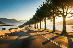 une route avec des arbres et l'eau dans le Contexte. généré par ai photo