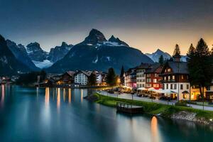 photo fond d'écran le ciel, montagnes, lac, ville, montagnes, Suisse, lac, le. généré par ai