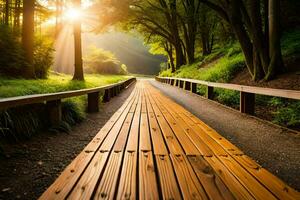 en bois chemin dans le forêt à le coucher du soleil. généré par ai photo