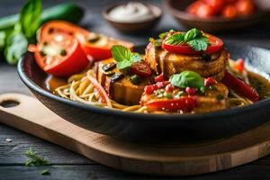 une bol de Pâtes avec Viande et des légumes. généré par ai photo