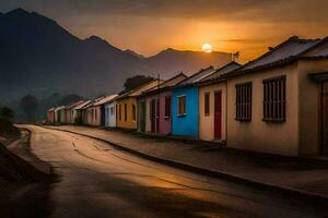 le Soleil ensembles plus de une rangée de coloré Maisons. généré par ai photo