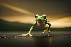 une grenouille est sauter sur le sol. généré par ai photo