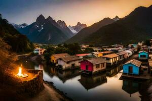 le le coucher du soleil plus de le montagnes et Maisons dans le l'eau. généré par ai photo