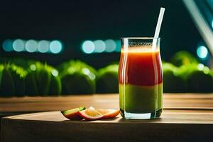 une verre de jus avec une paille sur une tableau. généré par ai photo