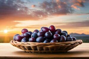 les raisins dans une panier sur une en bois tableau. généré par ai photo