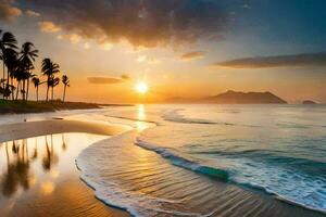 le Soleil ensembles sur le plage dans Hawaii. généré par ai photo