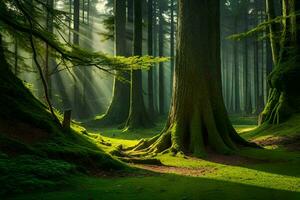 une forêt avec des arbres et herbe. généré par ai photo