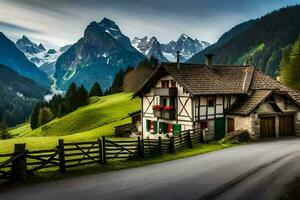 une maison dans le montagnes avec une route de premier plan à il. généré par ai photo