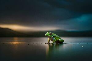 une grenouille séance sur le bord de une Lac dans le sombre. généré par ai photo