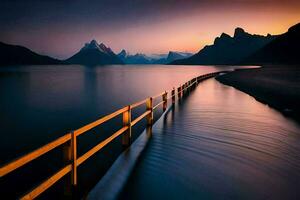 une en bois pont plus de une corps de l'eau à le coucher du soleil. généré par ai photo