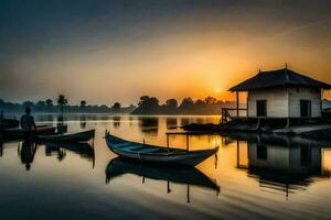 lever du soleil plus de le lac. généré par ai photo