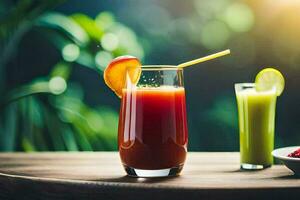 deux des lunettes de jus avec fruit et une tranche de citron. généré par ai photo