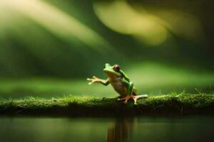 une grenouille séance sur une moussu branche dans le l'eau. généré par ai photo