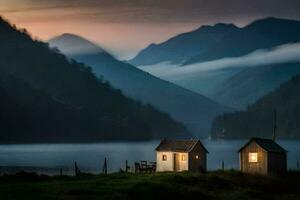 deux petit Maisons asseoir sur le bord de une Lac à le coucher du soleil. généré par ai photo