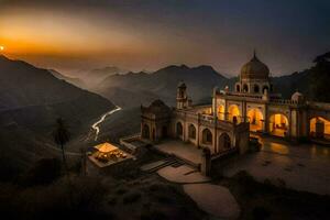 le le coucher du soleil plus de une mosquée dans le montagnes. généré par ai photo