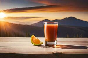 une verre de Orange jus avec une tranche de Orange sur une table dans de face de une Montagne. généré par ai photo