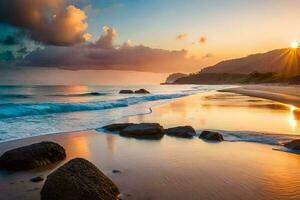 le Soleil ensembles sur le océan et rochers sur le plage. généré par ai photo