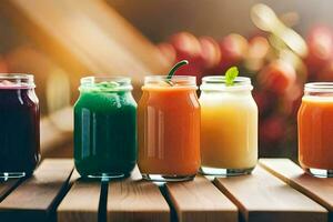 cinq différent les types de jus dans pots sur une tableau. généré par ai photo