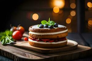 une gâteau avec baies et crème sur une en bois planche. généré par ai photo