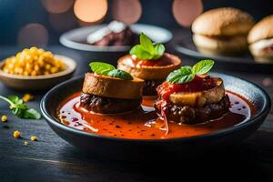 deux Boulettes de viande dans tomate sauce sur une plaque. généré par ai photo