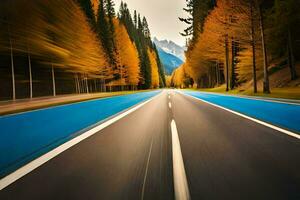 une route avec bleu lignes et Jaune des arbres. généré par ai photo