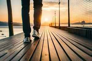 une la personne en marchant sur une en bois pont à le coucher du soleil. généré par ai photo
