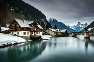 une maison est assis sur le rive de une rivière avec neige sur le sol. généré par ai photo