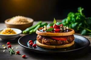 une Hamburger avec des légumes et herbes sur une plaque. généré par ai photo