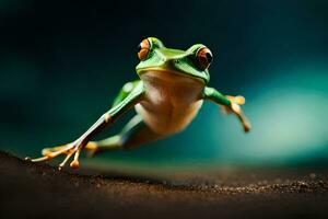 une grenouille est sauter dans le air. généré par ai photo