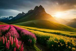 le Soleil monte plus de une champ de fleurs dans le montagnes. généré par ai photo