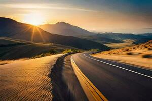 une route dans le désert avec le Soleil paramètre. généré par ai photo