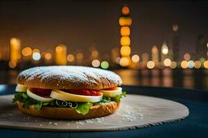 une sandwich avec fromage et tomate sur une en bois planche. généré par ai photo