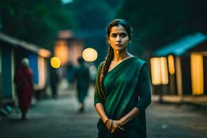 une femme dans une vert sari des stands dans le milieu de une rue. généré par ai photo