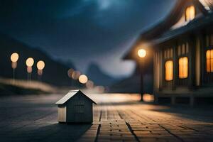 une petit maison est assis sur le rue à nuit. généré par ai photo