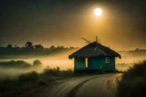 une petit cabane est assis sur le côté de une route dans le brouillard. généré par ai photo