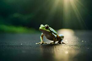 une grenouille séance sur le sol dans le Soleil. généré par ai photo