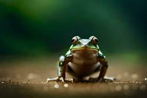 une grenouille séance sur le sol avec une vert Contexte. généré par ai photo