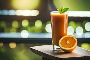 une verre de Orange jus avec une tranche de orange. généré par ai photo