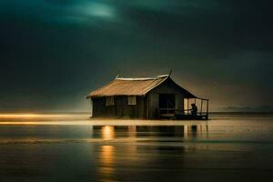 une petit cabane est assis sur le l'eau à nuit. généré par ai photo