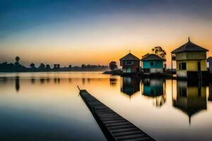 une bateau Dock et Maisons sur le l'eau à le coucher du soleil. généré par ai photo