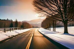 une neigeux route dans le hiver avec le Soleil paramètre. généré par ai photo